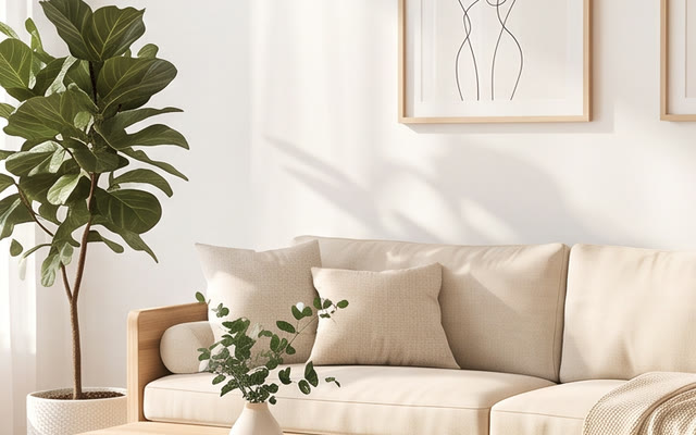 Interior upscaled by Phota Enhance: Sharp, new plant and new wall art