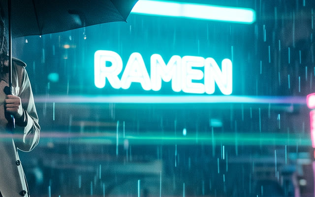 Text on a neon sign upscaled by Phota Enhance: RAMEN, but the whole frame was regenerated (see below)