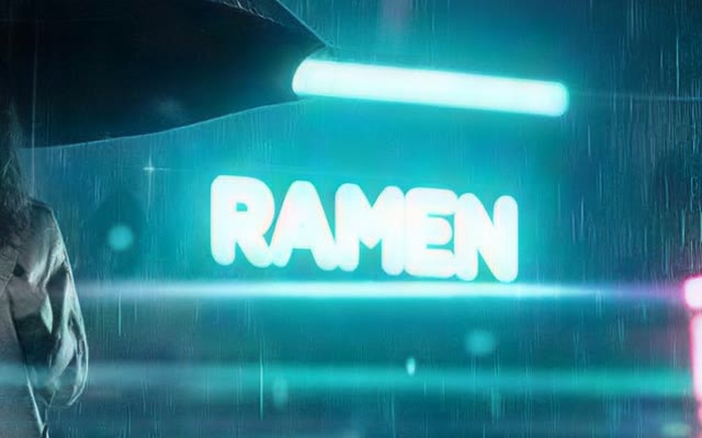Text on a neon sign upscaled by Crisp Upscale: RAMEN, clean