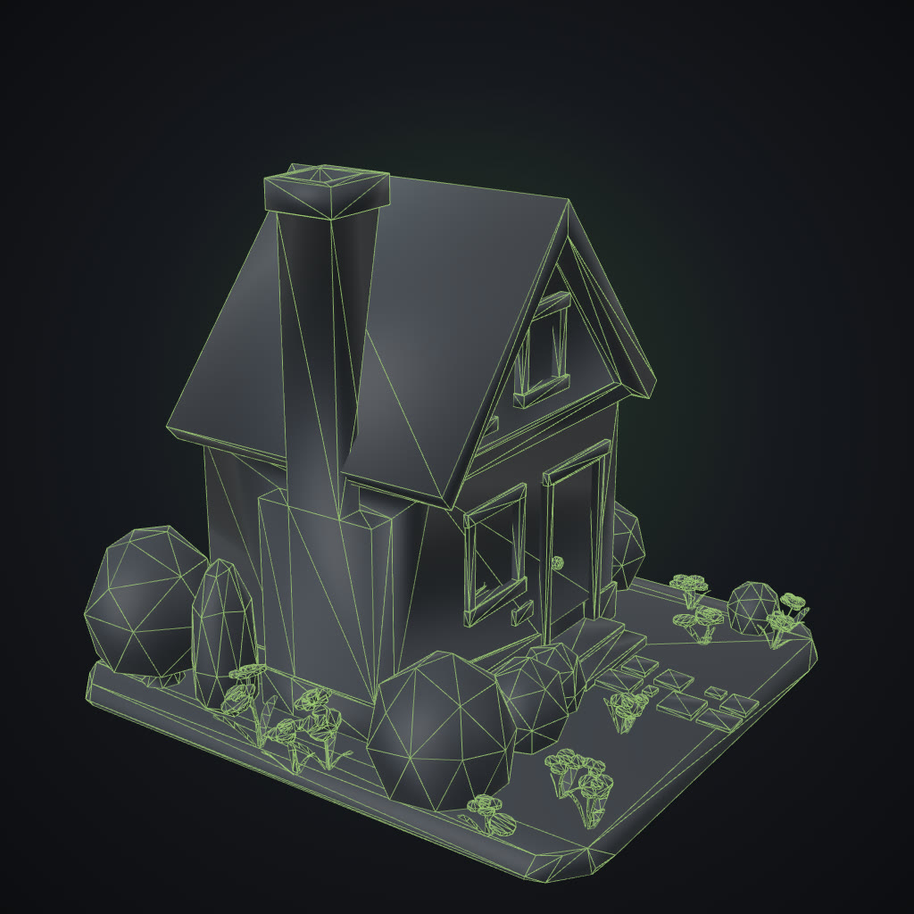 Cottage diorama: wireframe showing 4,093 triangles