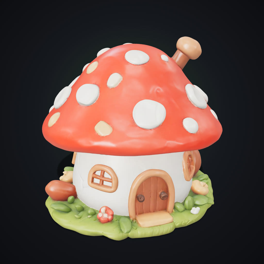 3D model generated from the prompt “a cute fairy mushroom house with a red spotted roof, a round wooden door and tiny windows, ceramic miniature”