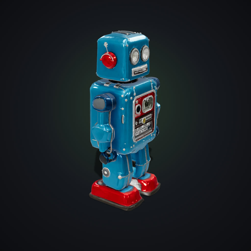 3D model generated from the prompt “a retro tin robot toy with round glass eyes, two antennas, a dial on its chest and red feet, painted metal”