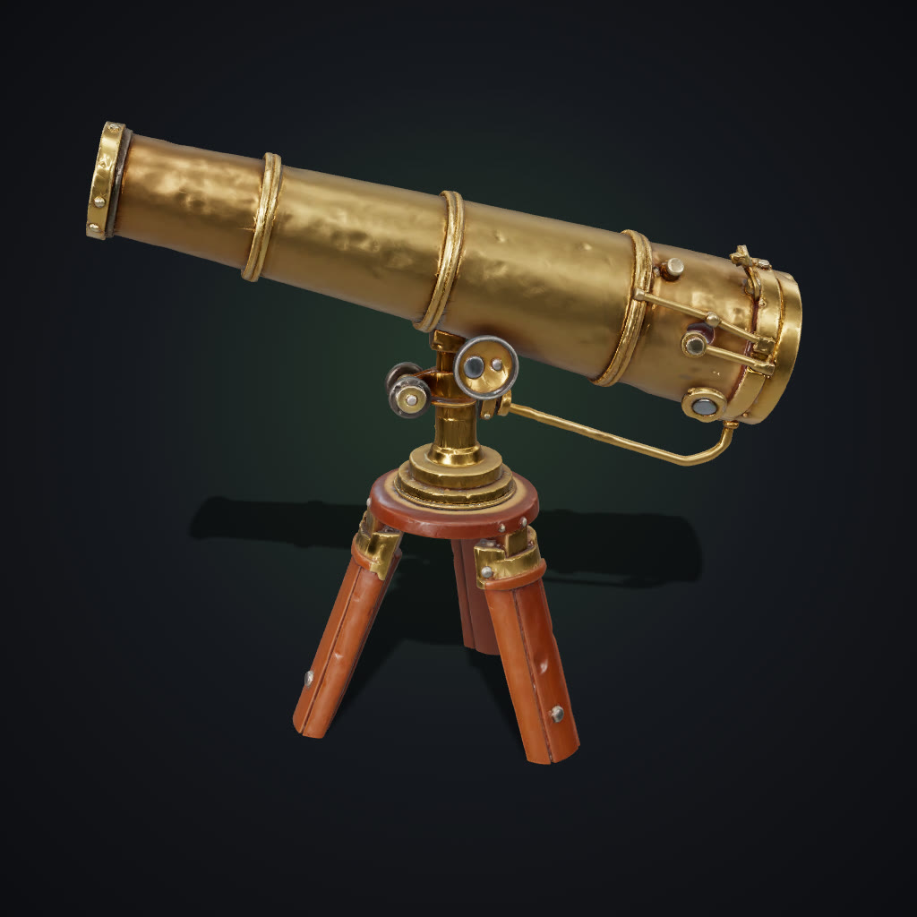 3D model generated from the prompt “a vintage brass telescope on a wooden tripod, polished metal and dark wood”