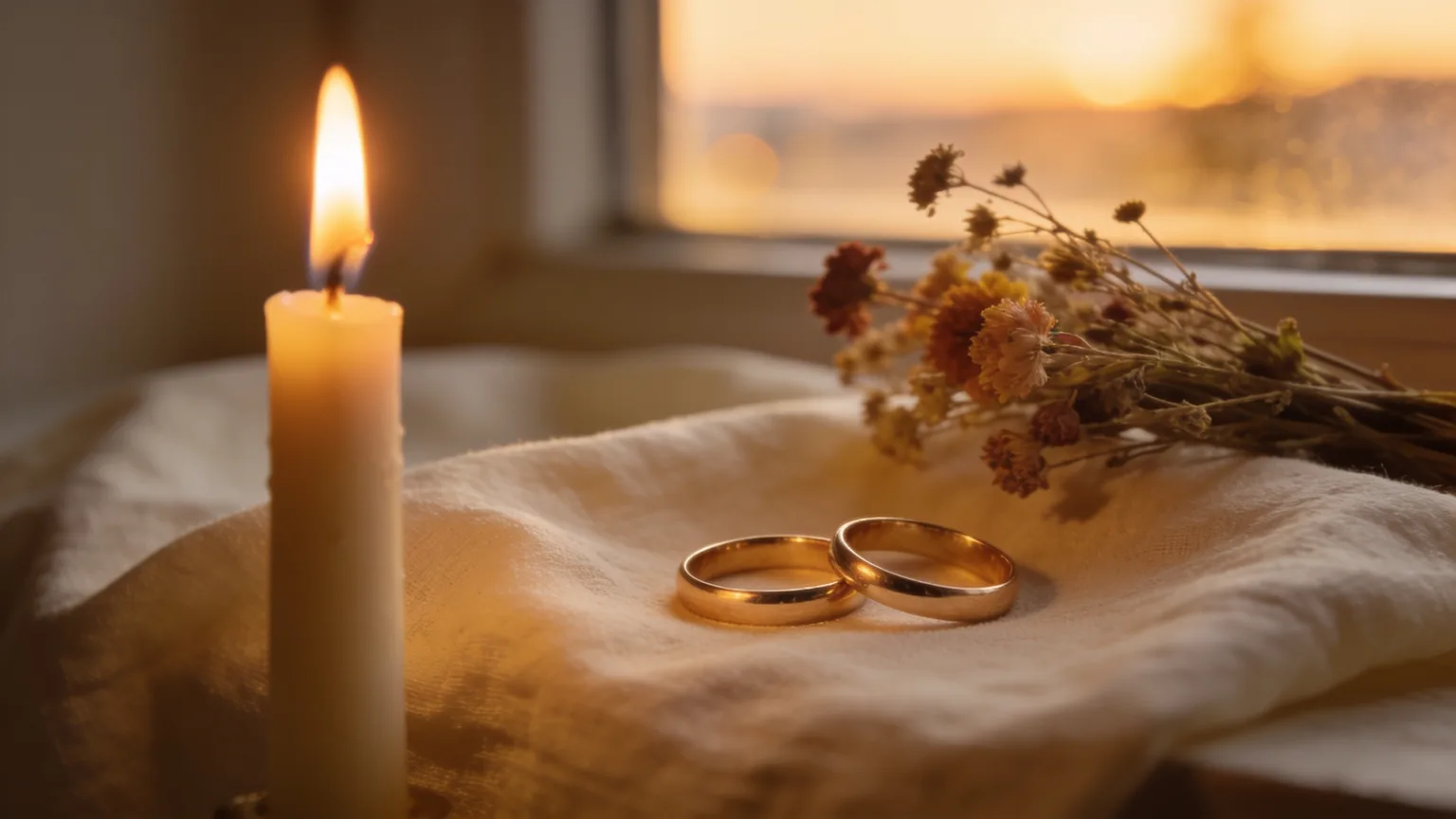 Two gold wedding rings resting on cream linen beside a lit candle and dried wildflowers in warm evening light, a picture of the love chapter as a song