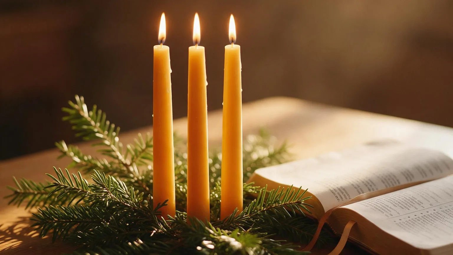 Three beeswax candles and an open hymn book on a wooden table with evergreen sprigs and soft golden backlight, warm tones, no people