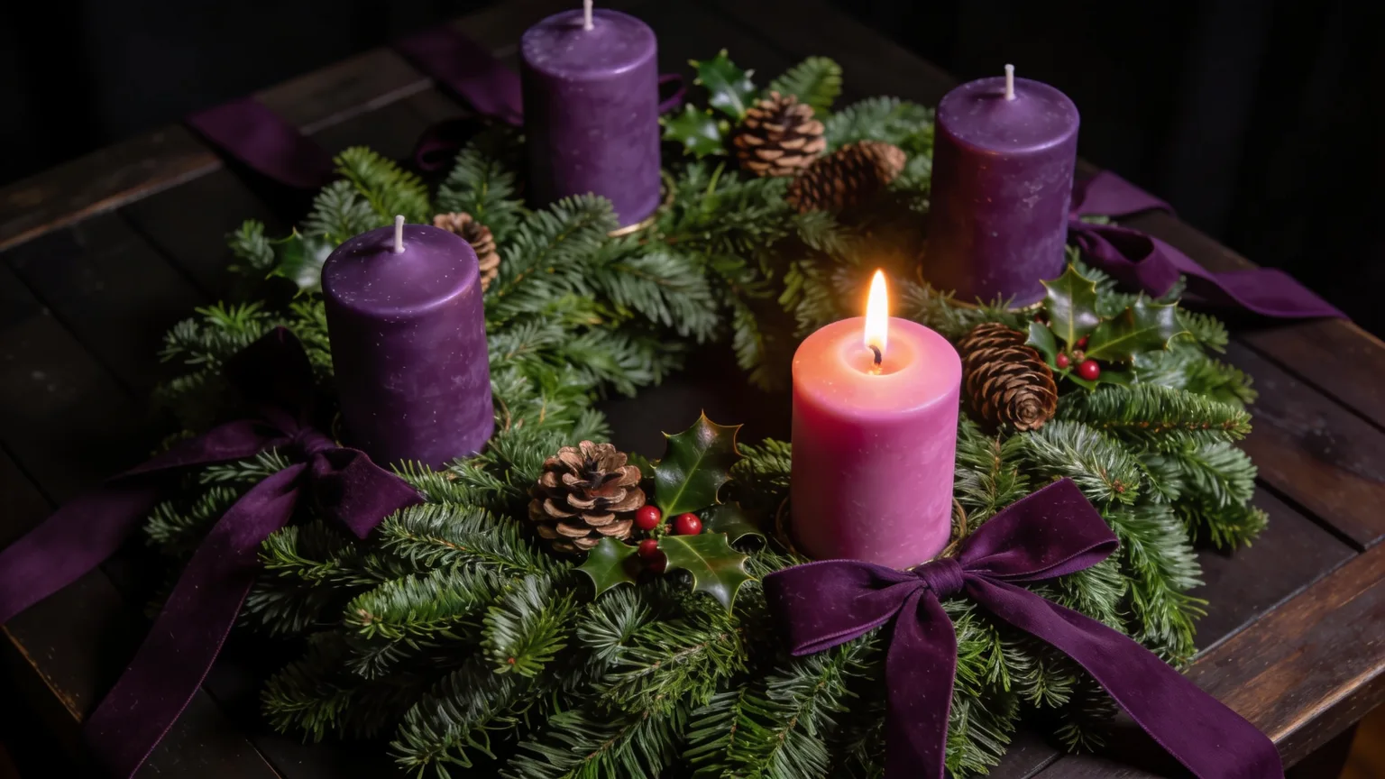 An evergreen Advent wreath with its first candle newly lit against the dark, the waiting season that Advent songs give a voice