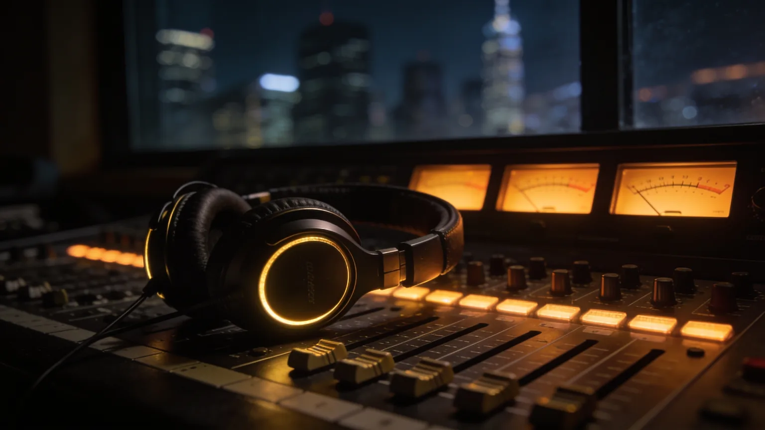 Headphones draped over a glowing mixing console against a night skyline, where a one-line idea becomes a fully produced rap song