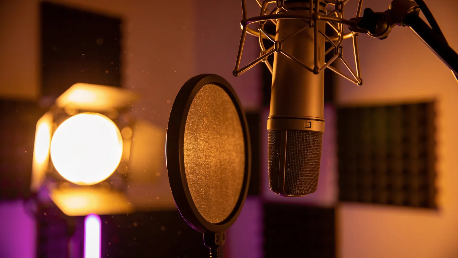 A studio microphone and pop filter glowing in a warm home recording nook, ready to turn a few spoken seconds into a song in your voice