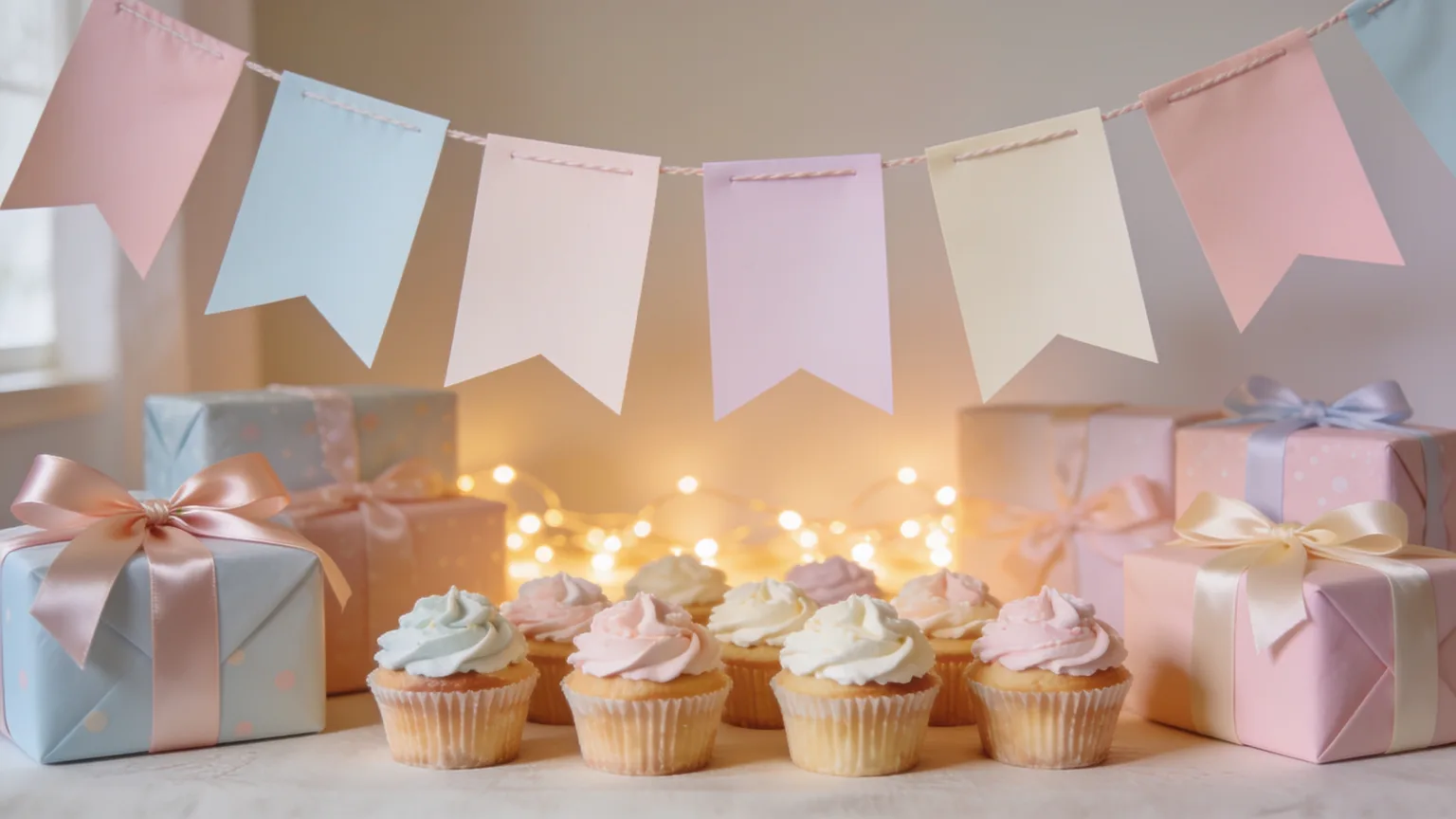 Pastel gifts, bunting, and cupcakes on a festive table, the party that baby shower songs set the soundtrack for