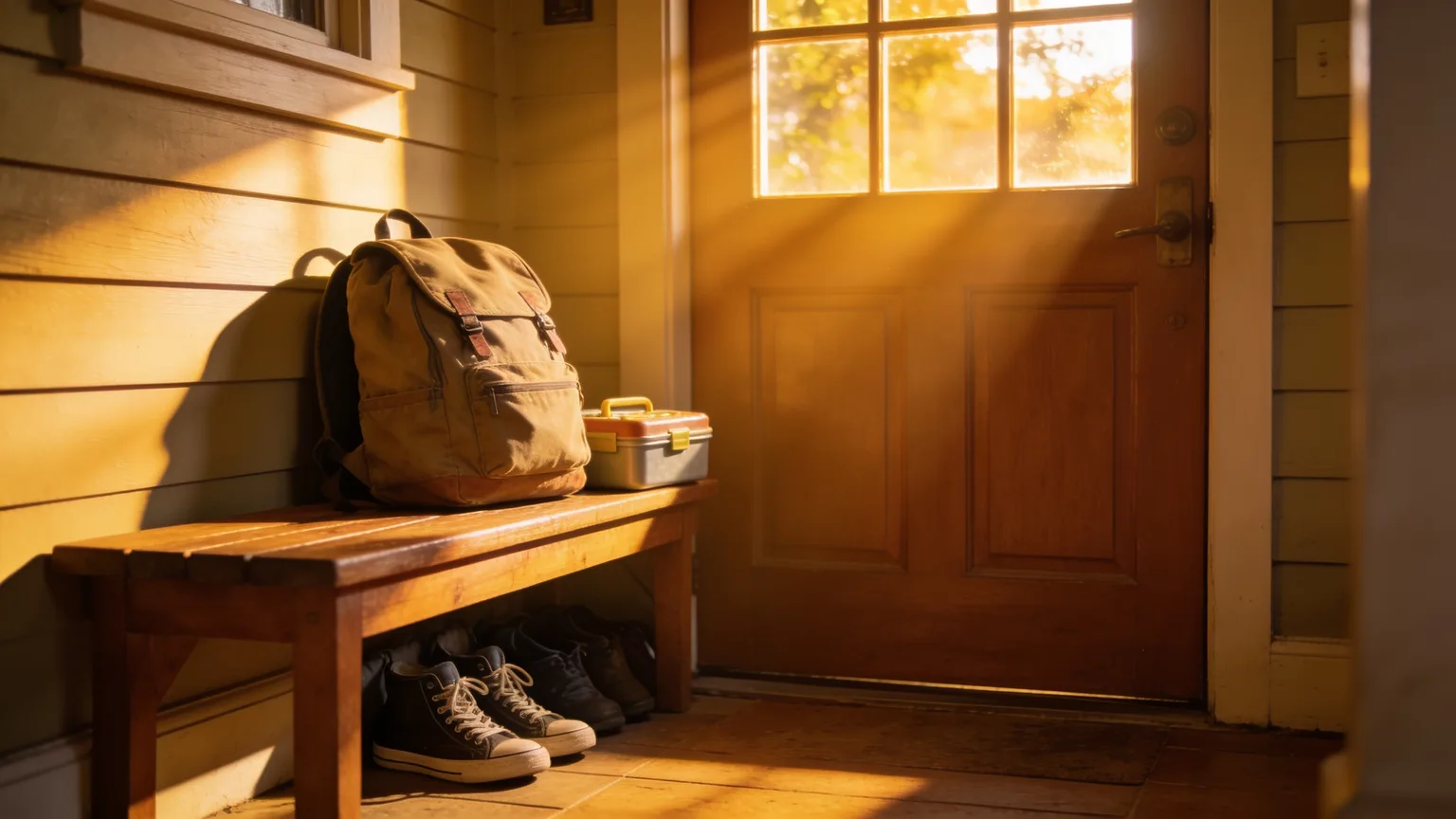 A packed backpack waiting on the entryway bench in morning light, ready for the first-day send-off a backpack blessing song was made for