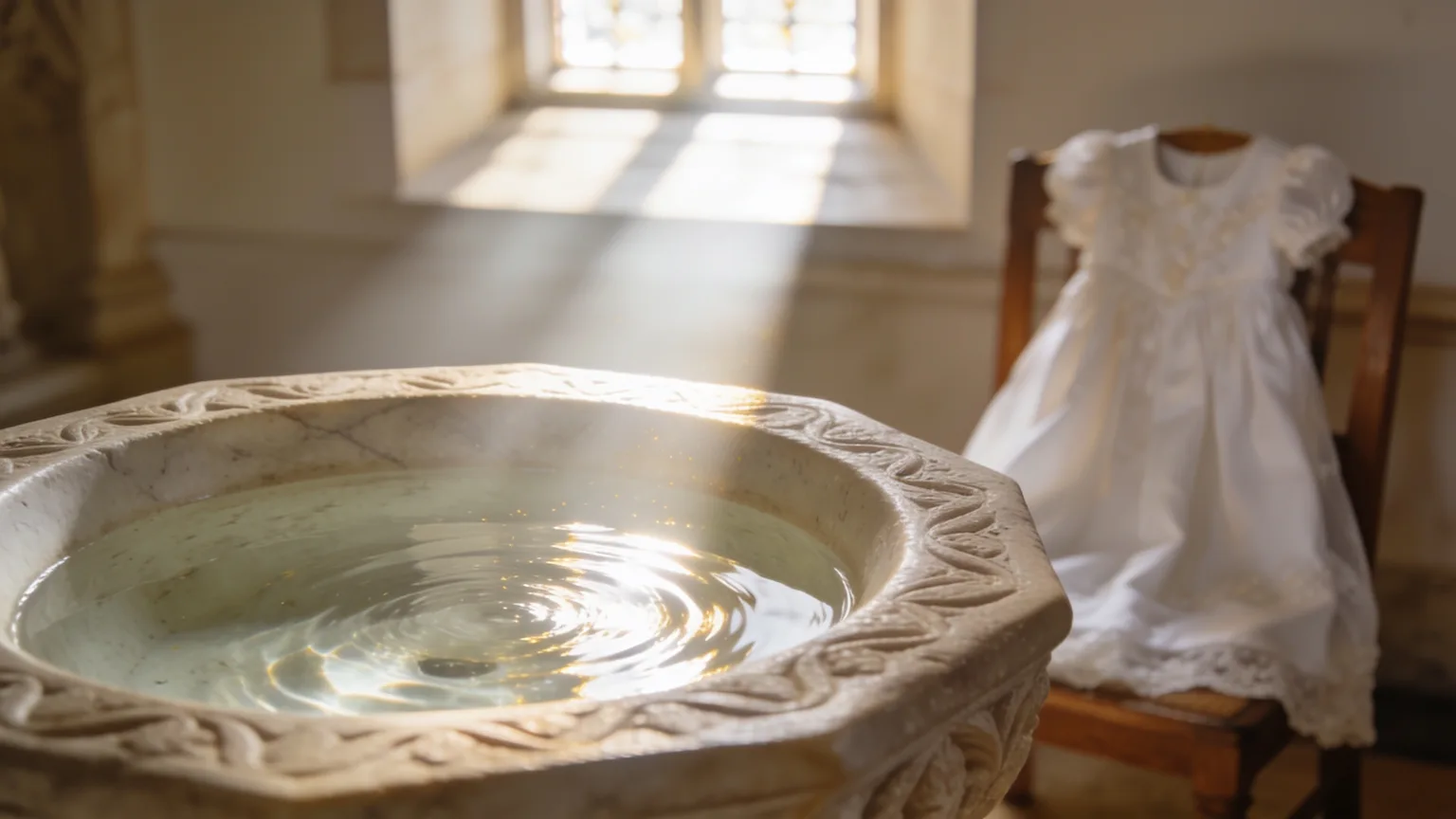 Light falling on rippling water in a stone baptismal font, the sacred moment a baptism song turns into a lifelong keepsake