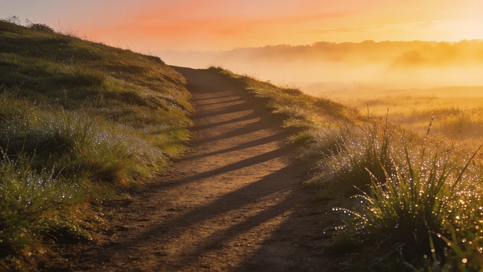 Misty dirt trail rising into the sunrise, the kind of early-morning hill a running cadence carries a formation up