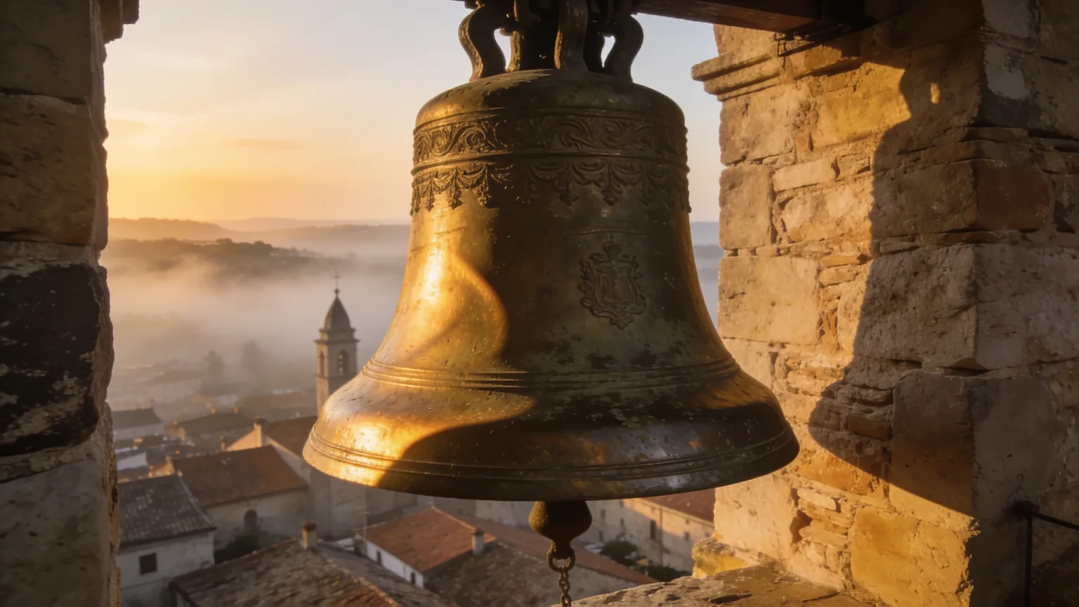 A bronze bell catching the first light of sunrise in its tower, the call to gather that call to worship songs put into music