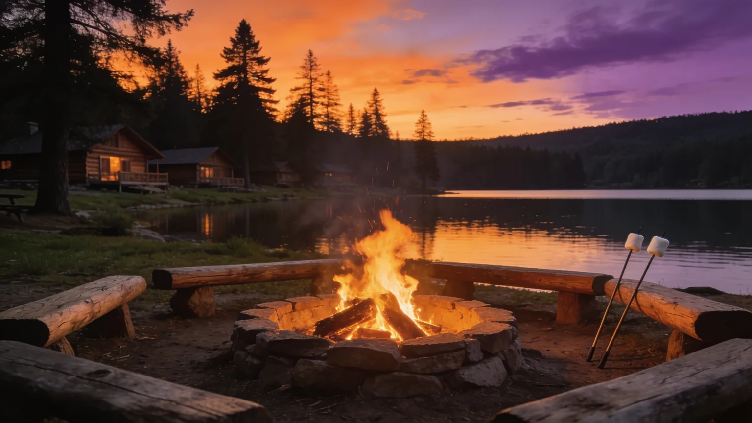 A campfire glowing beside a lake at dusk with log benches waiting all around, the singalong circle where a camp theme song comes alive