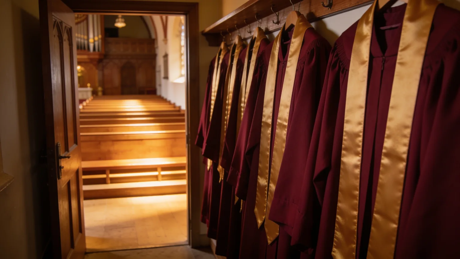 Burgundy choir robes with gold stoles hanging ready in the vestry, years of Sunday mornings a choir anniversary song gives thanks for
