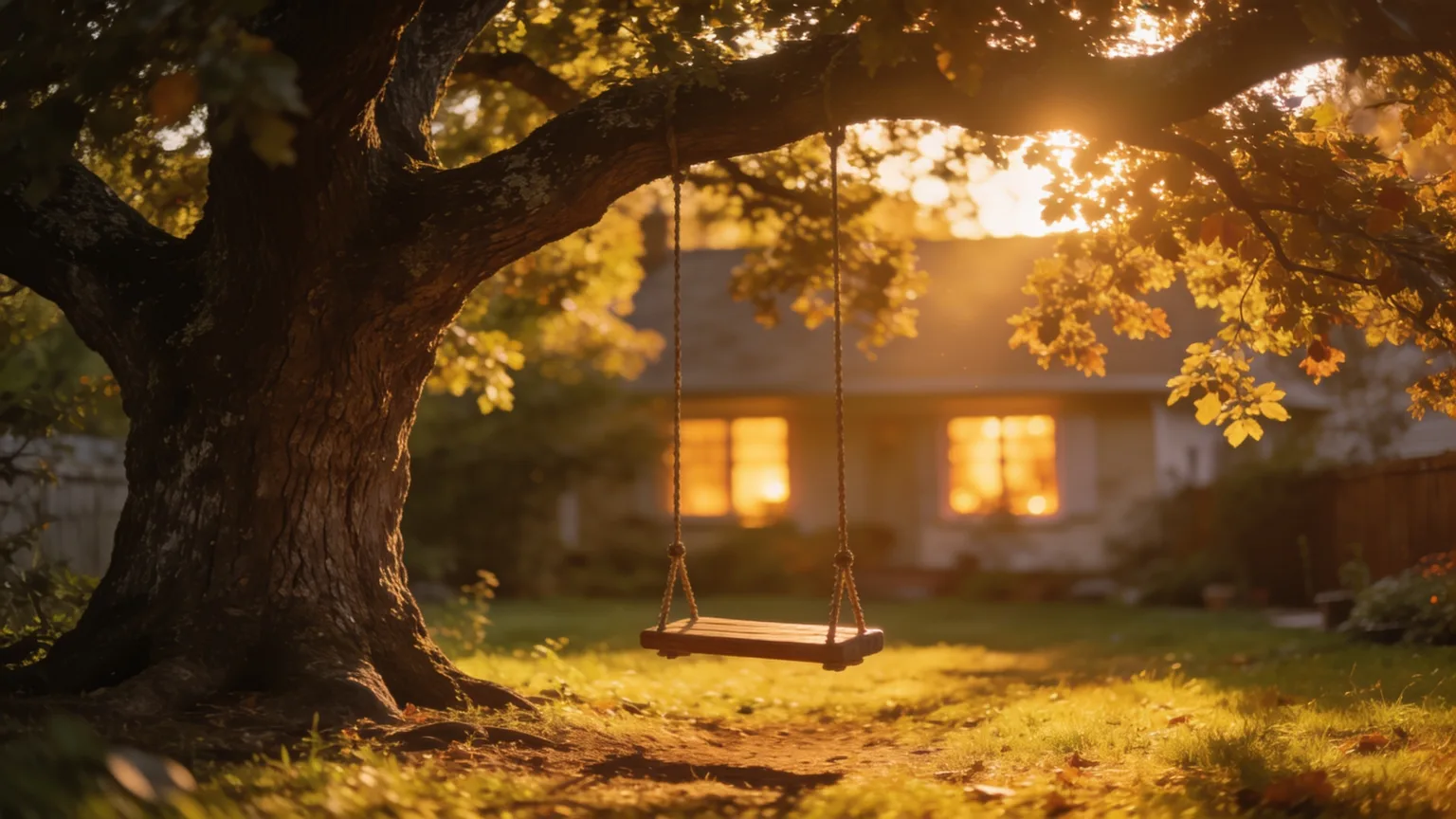 A tree swing waiting in a golden backyard with home glowing behind it, the belonging that Christian adoption songs put into words