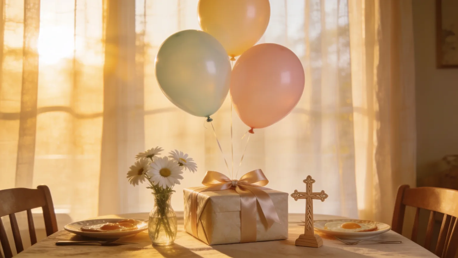 Pastel balloons, a ribboned gift, and fresh daisies in morning light, a birthday blessing waiting for its Christian birthday song