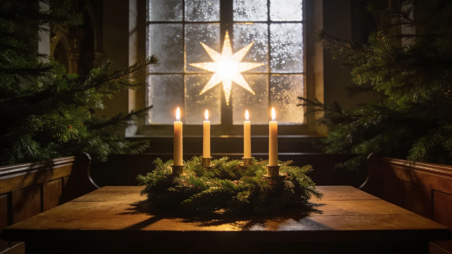 An Advent wreath glowing with candlelight beneath a bright star in the window, the light-in-darkness story a Christian Christmas song retells