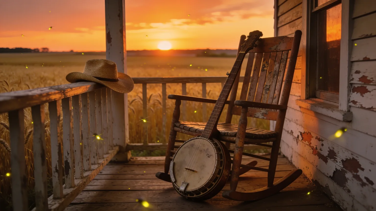 A banjo resting on a farmhouse porch as the sun sets over wheat fields, the front-porch heart of a Christian country song