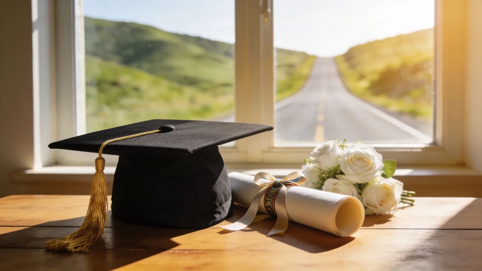 A graduation cap, rolled diploma, and white roses in morning light, the milestone a Christian graduation song sends off with a blessing