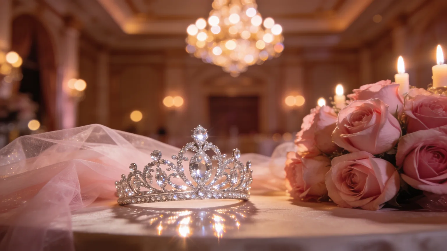 A sparkling tiara among blush roses under warm ballroom lights, the crowning moment Christian quinceañera songs are written for