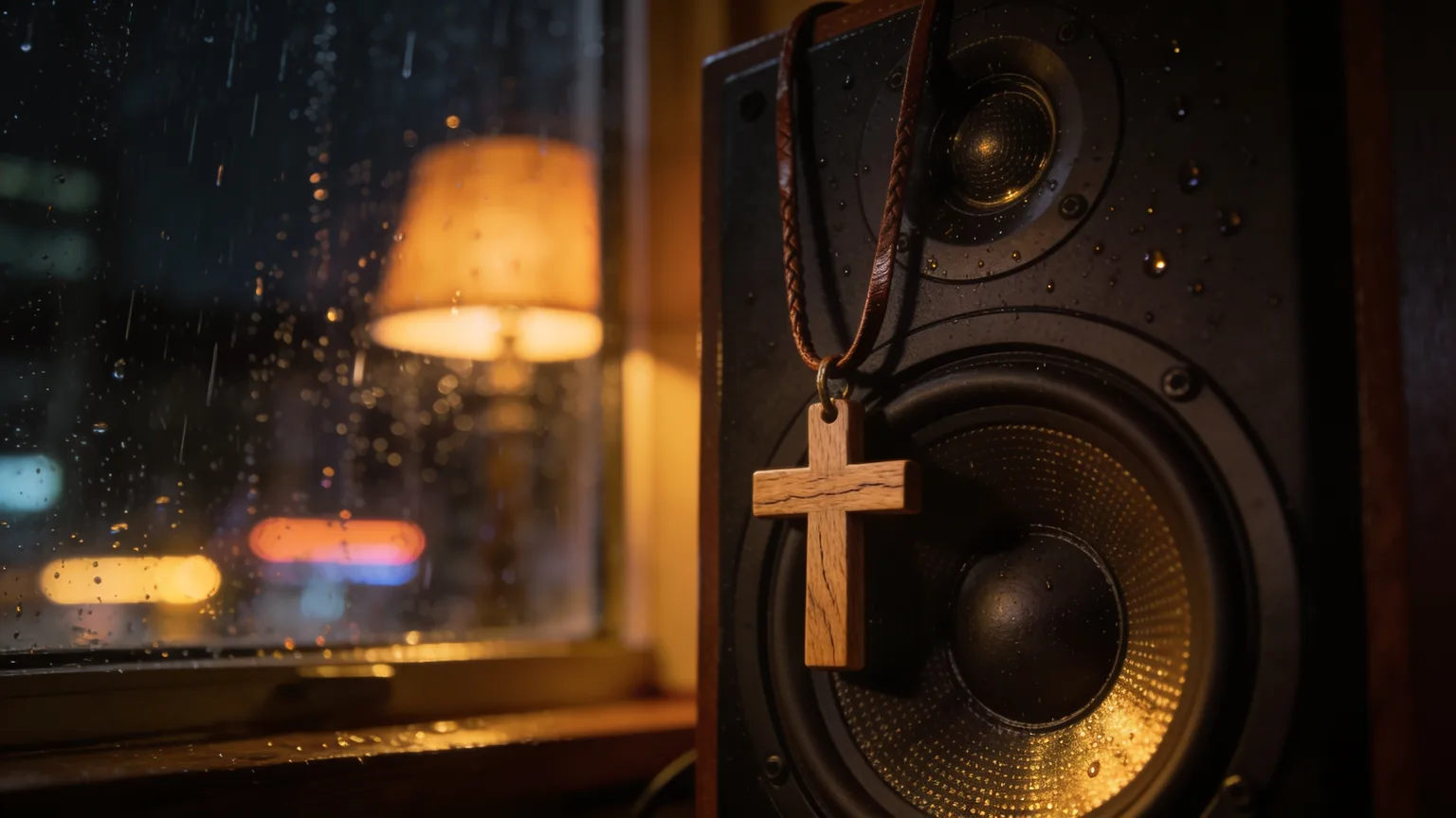 A wooden cross pendant resting on a studio speaker under warm night light, where faith and beats meet in a Christian rap track