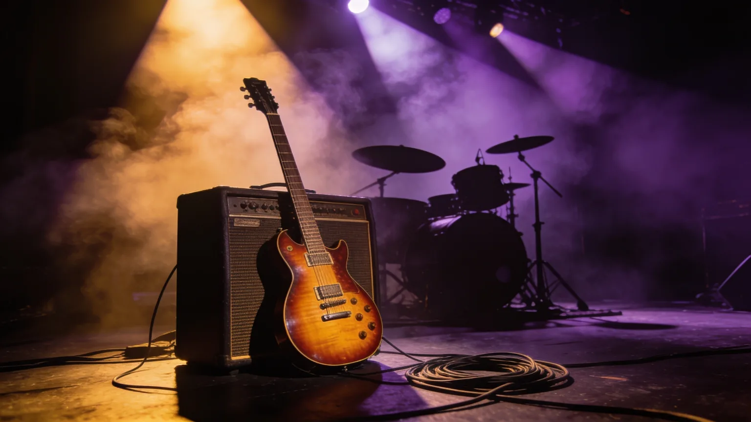 An electric guitar and amp waiting on a hazy stage under bold light beams, ready for a Christian rock song to shake the room