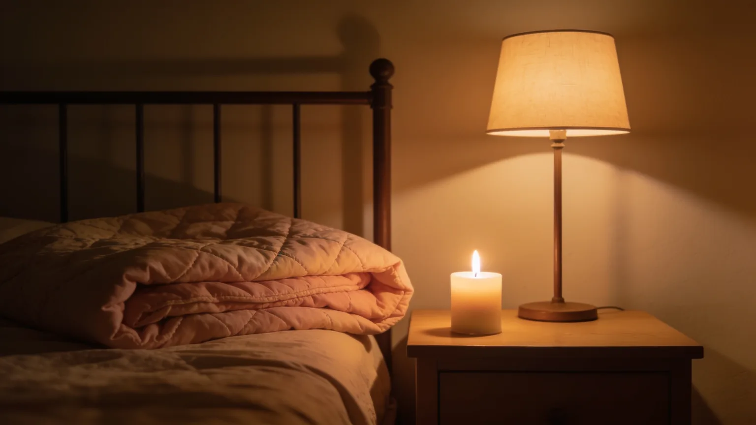 A single candle glowing beside a folded quilt in a quiet room, the gentle company Christian songs about grief keep in the hard weeks