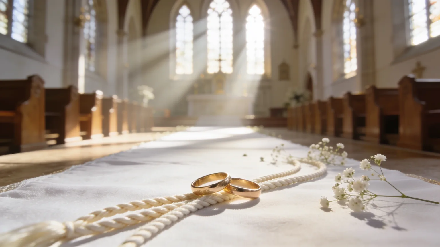 Two gold rings on a braided cord of three strands in chapel light, the covenant a Christian wedding song is written to honor