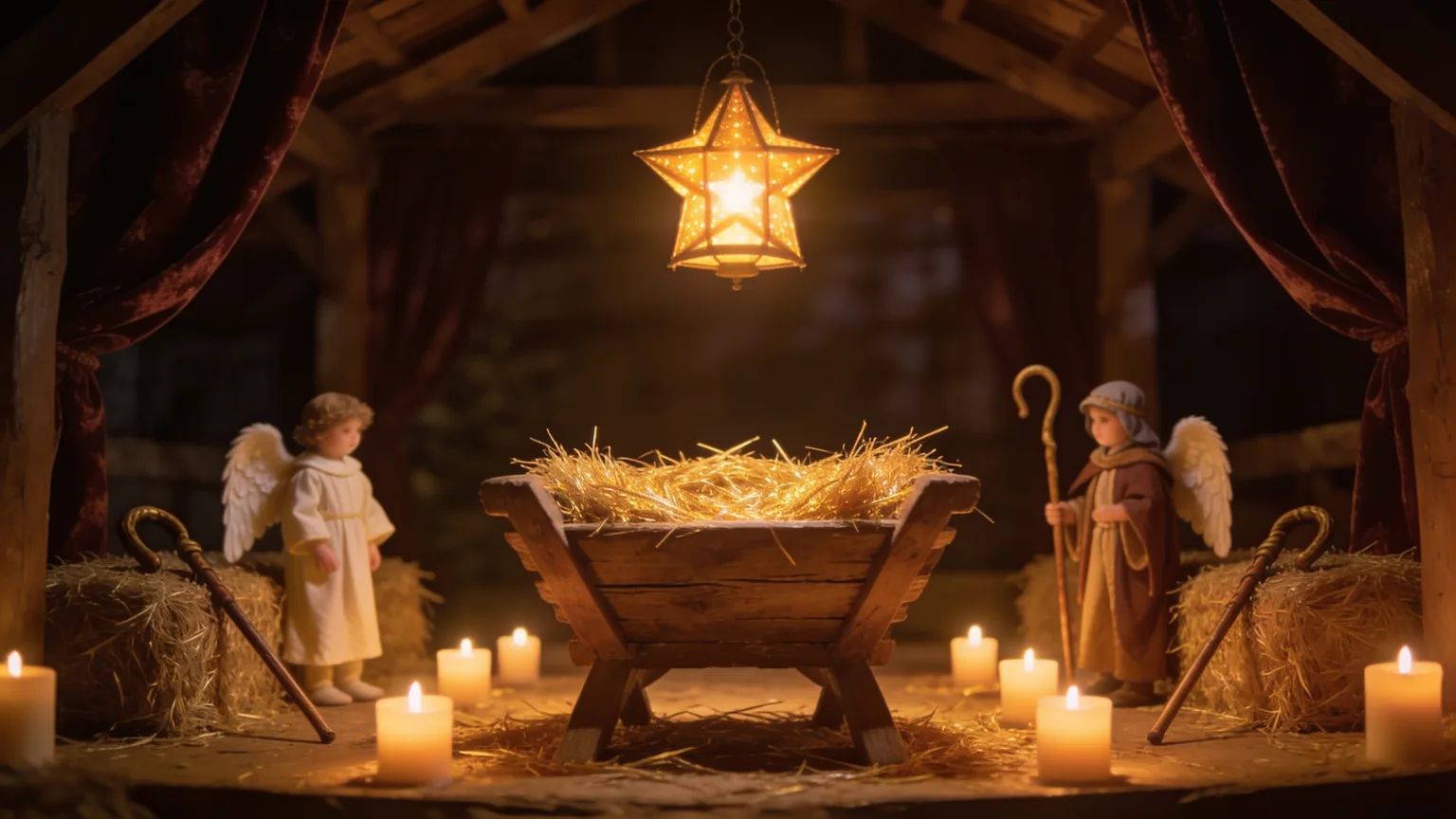 A straw-filled manger under a glowing star lantern with little angel wings waiting on the hay, the stage set for Christmas pageant songs