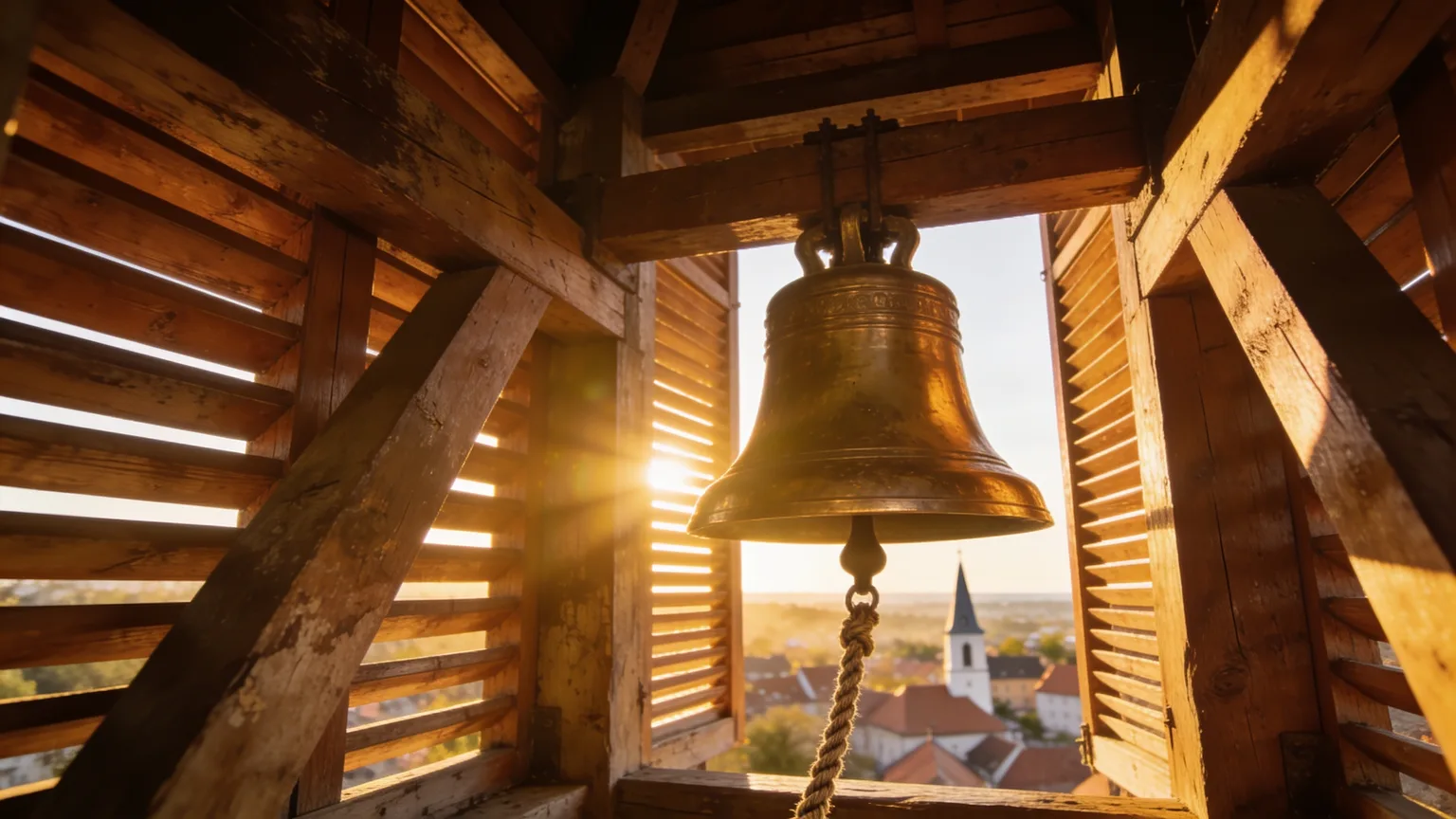 An old brass bell glowing in golden light inside a church tower, ready to ring in the milestone a church anniversary song celebrates