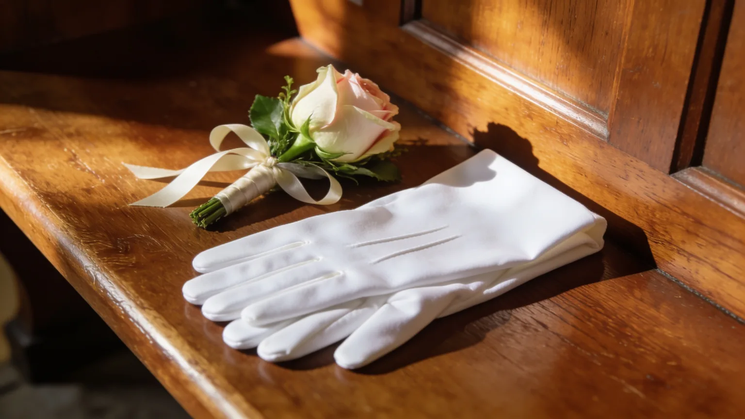 White usher gloves and a rose corsage resting on a church pew, honoring the faithful servants that church appreciation day songs celebrate