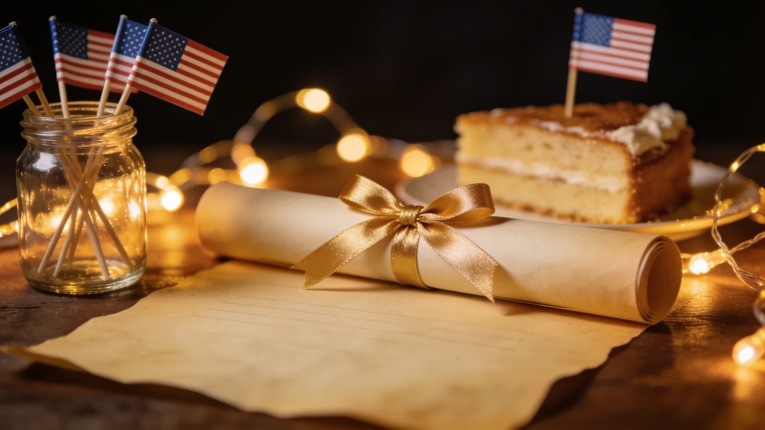 Celebration table with small flags and a ribboned certificate scroll for a new citizen, the day a citizenship ceremony song honors