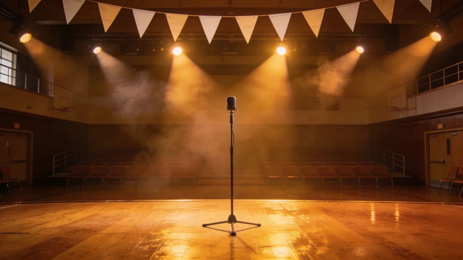 Spotlit school stage with a single microphone and pennant banners, waiting for the debut of a new class song and school anthem