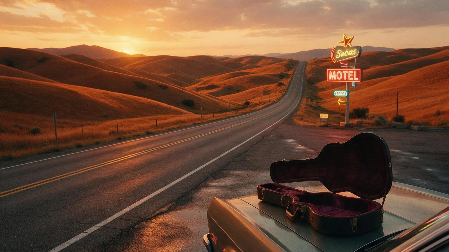 Two-lane highway at sunset with a guitar case on a car hood, neon motel sign and wet asphalt reflecting warm colors; no people