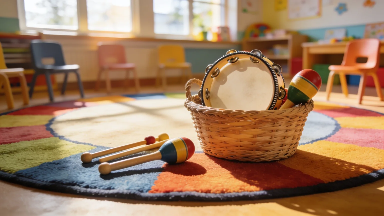Basket of tambourines and maracas on a circle-time carpet in morning light, where classroom songs move the day along
