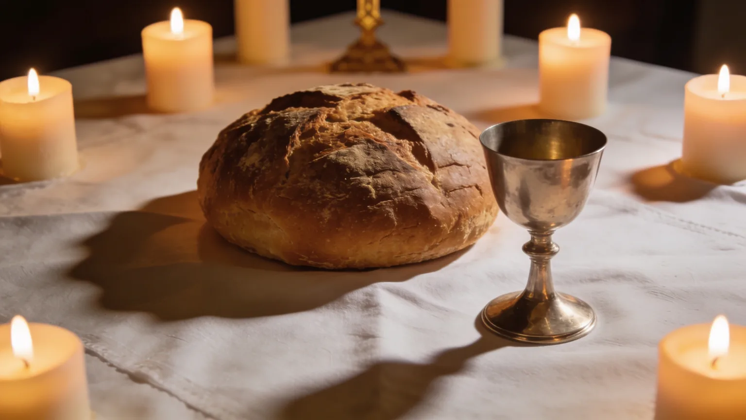 Bread and a chalice on white linen in candlelight, the table that communion hymns are sung around