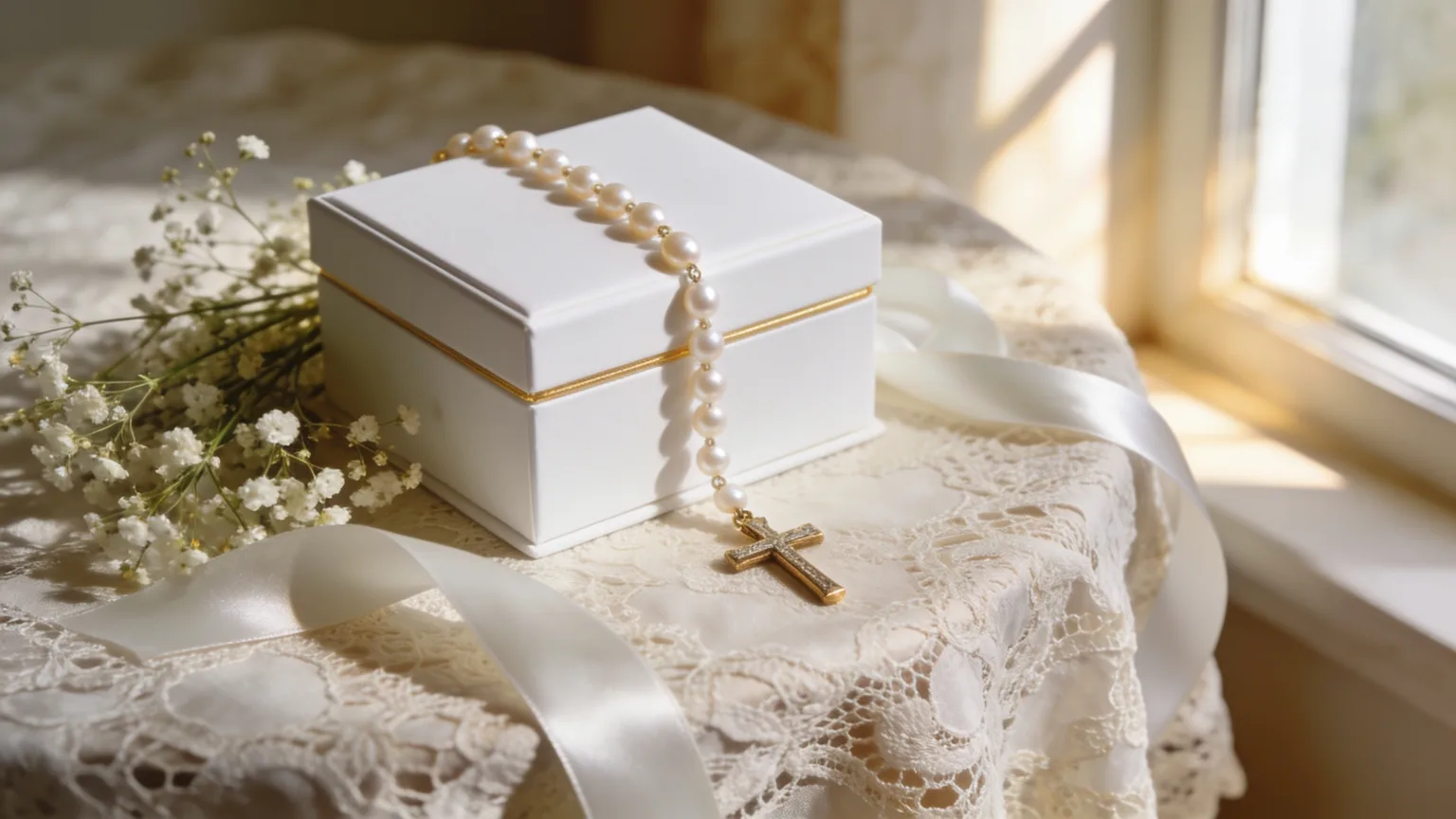 A pearl rosary draped over a white keepsake box in soft window light, a treasured moment worthy of a confirmation song