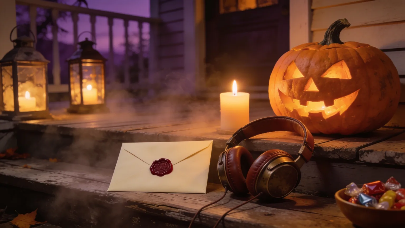 A carved pumpkin, a wax-sealed envelope and a pair of vintage headphones on a fog-wrapped porch step lit by candle lanterns, the setting for a custom Halloween song made for one person