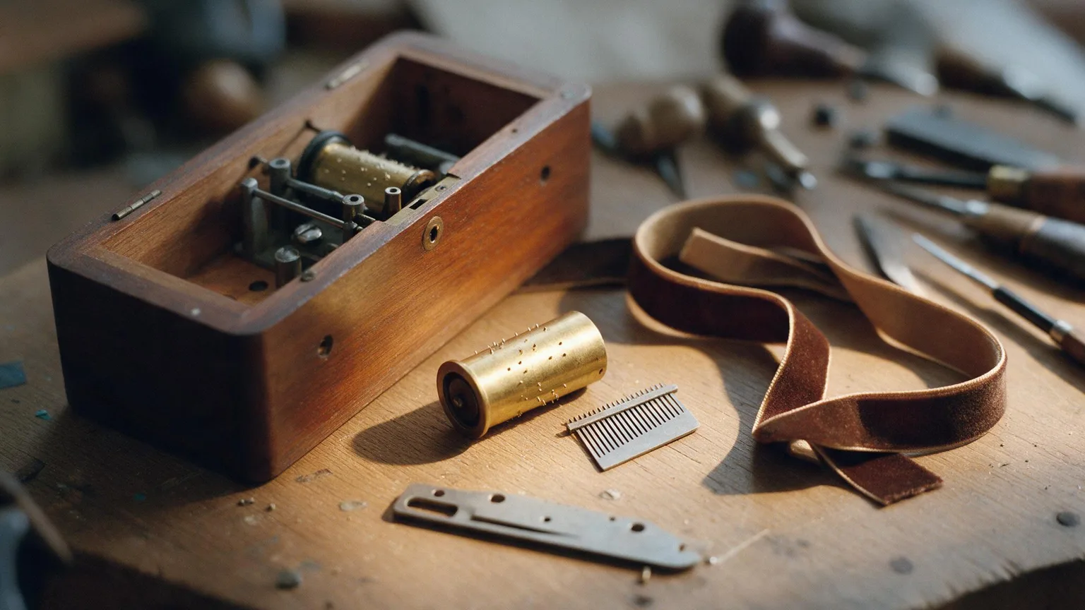 Open music box parts and tools on a wooden workbench with brass cylinder, tiny steel comb and ribbon under warm light, no people
