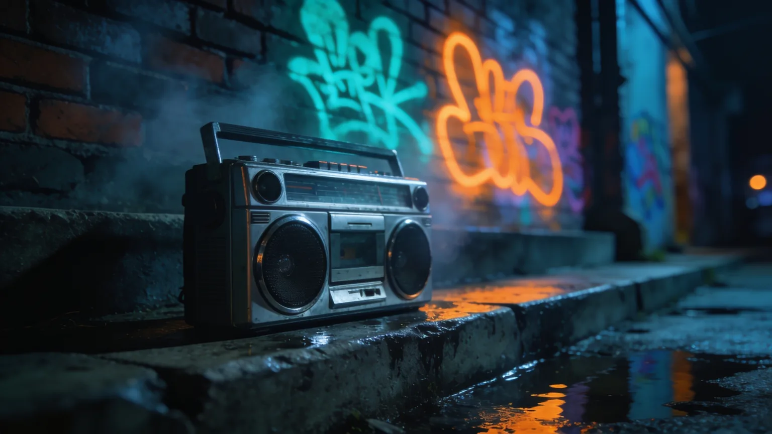 A retro boombox on rain-slicked steps under neon glow, primed to deliver a diss track the group chat will never recover from