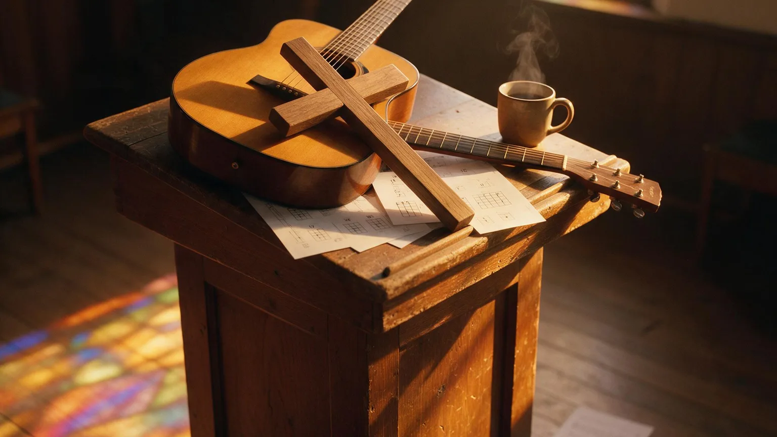 Acoustic guitar propped by a small wooden cross on a pulpit with chord charts and a coffee mug, warm light through stained glass, no people