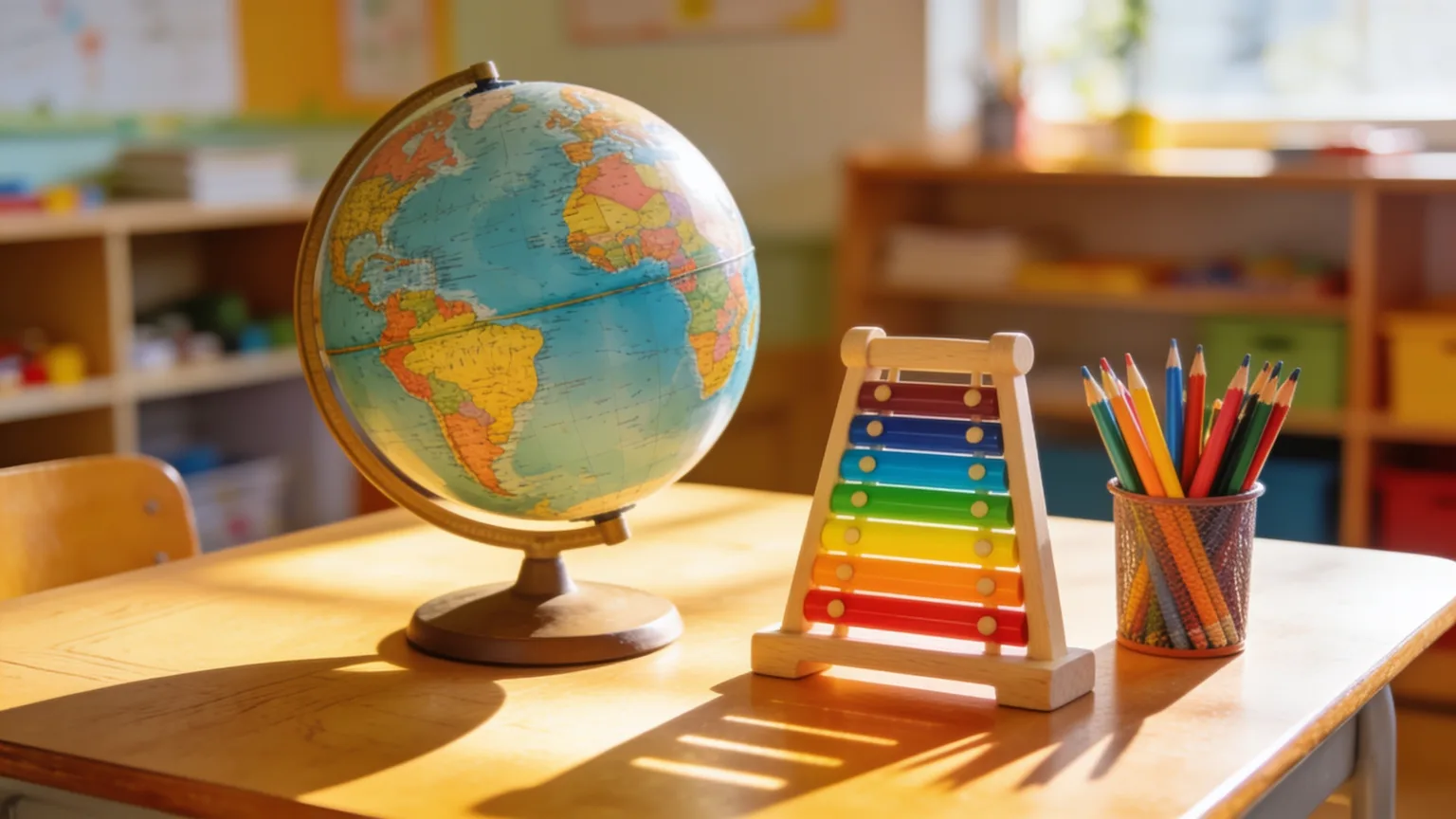 Globe, xylophone, and colored pencils on a sunlit classroom table, where an educational song turns any lesson into a melody