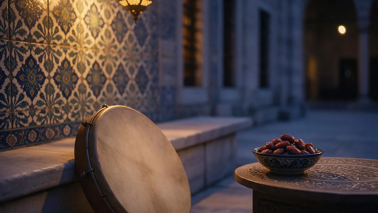Mosque courtyard at blue hour with lanterns on patterned tiles, a frame drum resting beside a bowl of dates; warm indigo and gold tones, no people