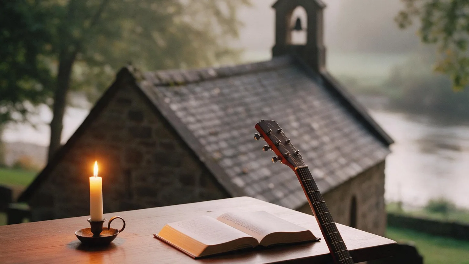 Dusk light on a chapel roof and wooden table with a guitar and open hymn book, candles glowing on the table, soft river and trees in warm tones, no people