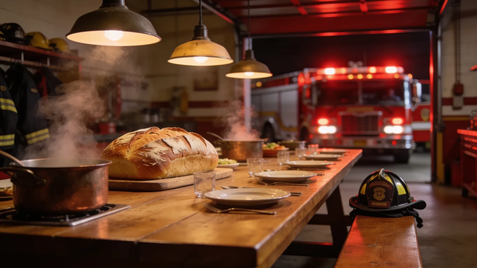 Firehouse kitchen table set for the crew with an engine glowing beyond the door, the family dinners a firefighter song celebrates