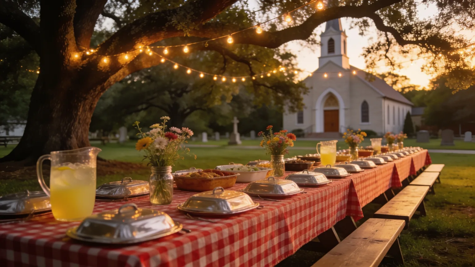 A long picnic table set with lemonade and wildflowers under oak trees and string lights, the big reunion dinner where Friends and Family Day church songs bring everyone together