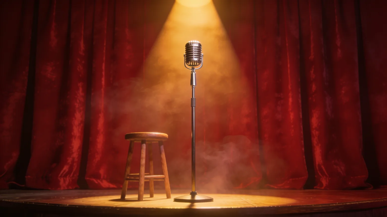 A retro microphone in the spotlight of a red-curtained comedy stage, set for a funny song that commits completely to the bit