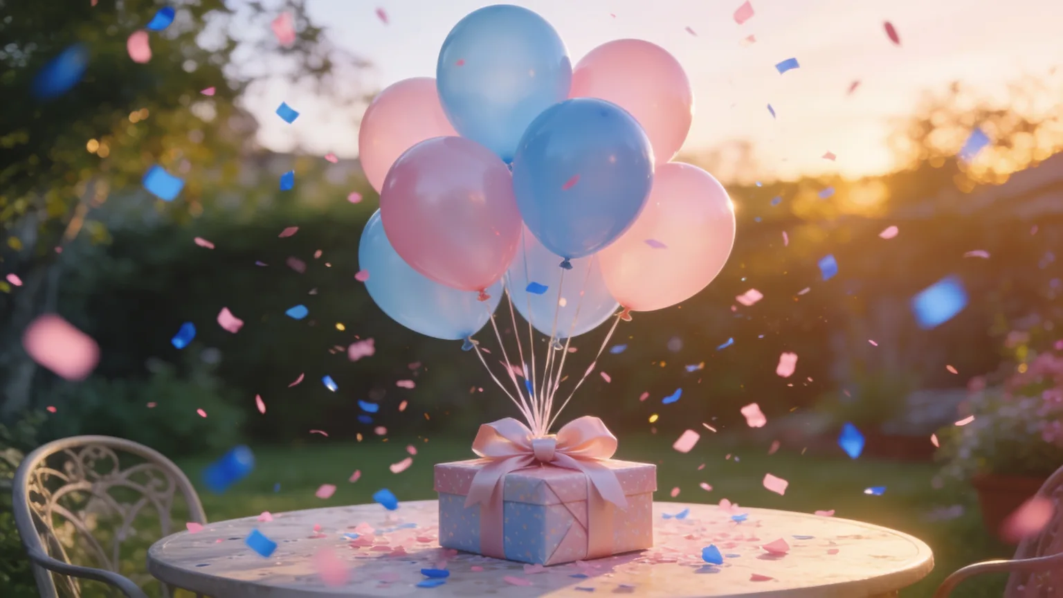 Pink and blue balloons and confetti drifting over a surprise box at golden hour, the big moment gender reveal songs build up to