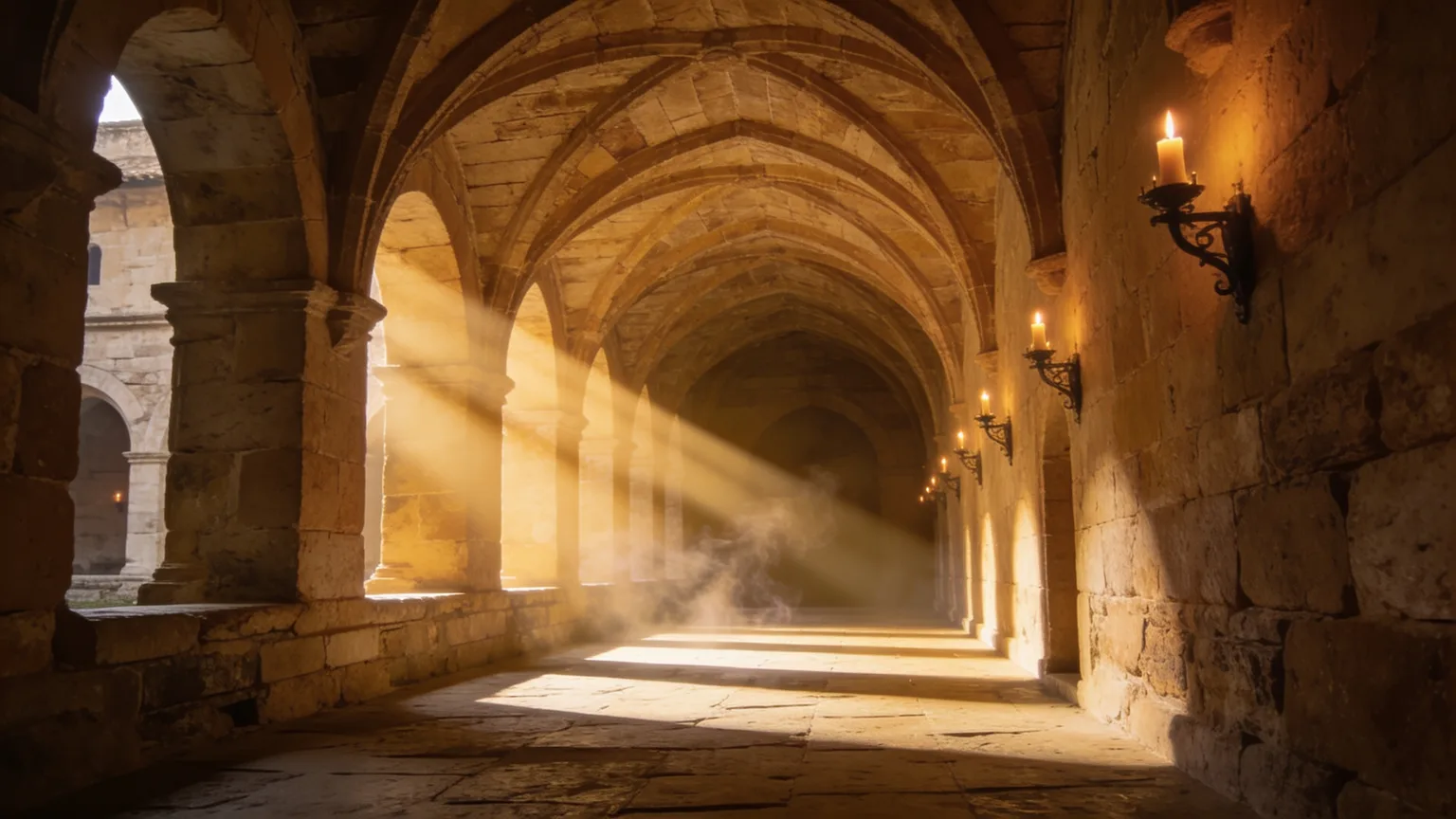 Candlelight and golden haze drifting through the stone arches of a monastery cloister, the ancient home of Gregorian chant